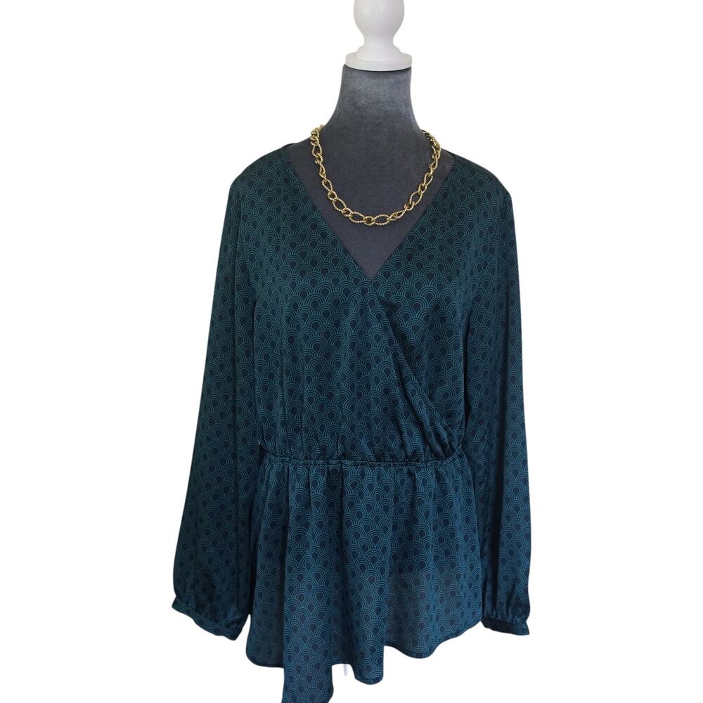 Express Wrap Peplum Blouse XL Forest Green Geometric Long Sleeve